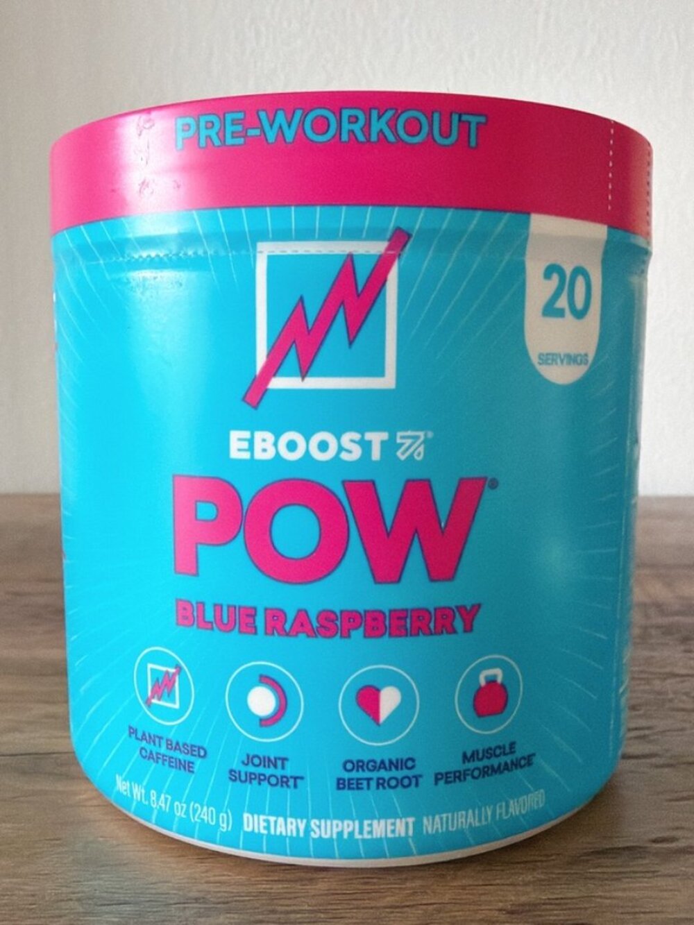 EBOOST POW Natural Pre Workout Powder, Blue Raspberry, Energy Support